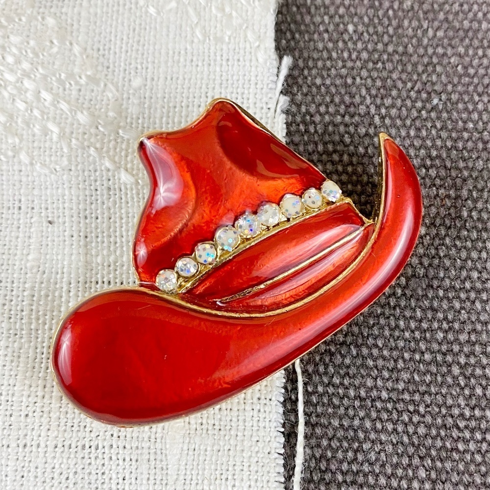 Vintage Hand Painted Enamel Brooch Red Cowboy Hat Rhinestones Pin
